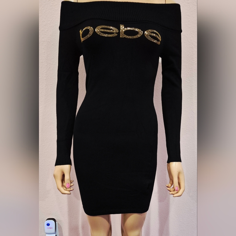 Bebe Gold Studded Black Off Shoulder Long Sleeve Sweater Dress - XS.